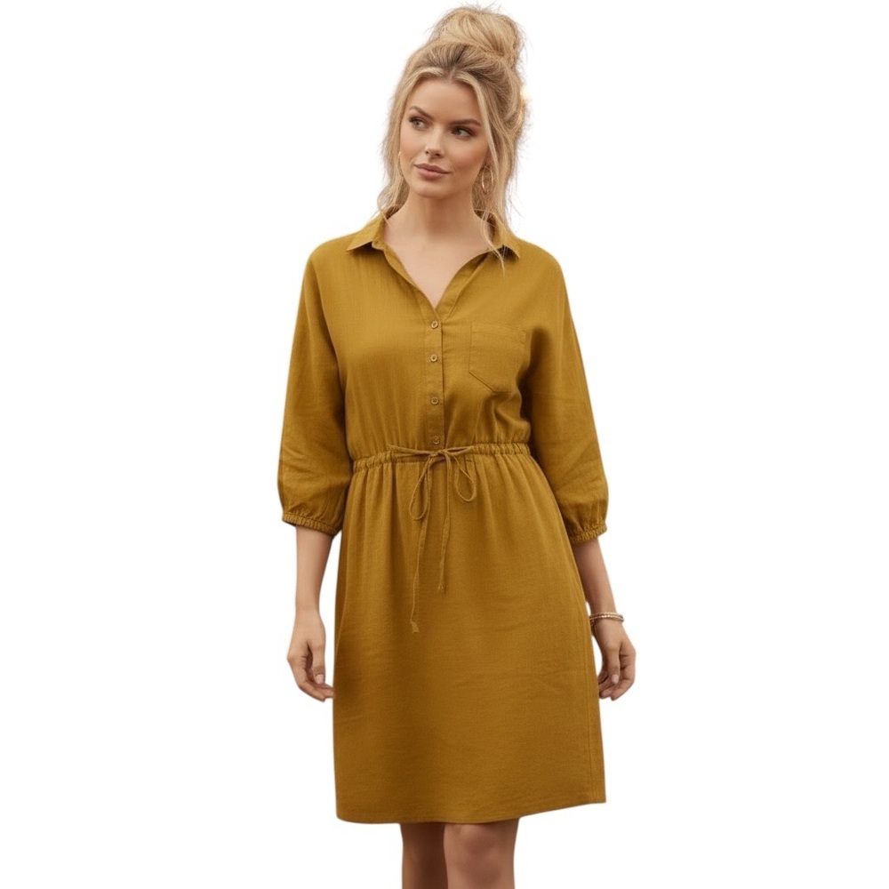 Garnet Hill Lightweight Linen Dolman Sleeve Shirt Dress Mustard Yellow M NWT 💛